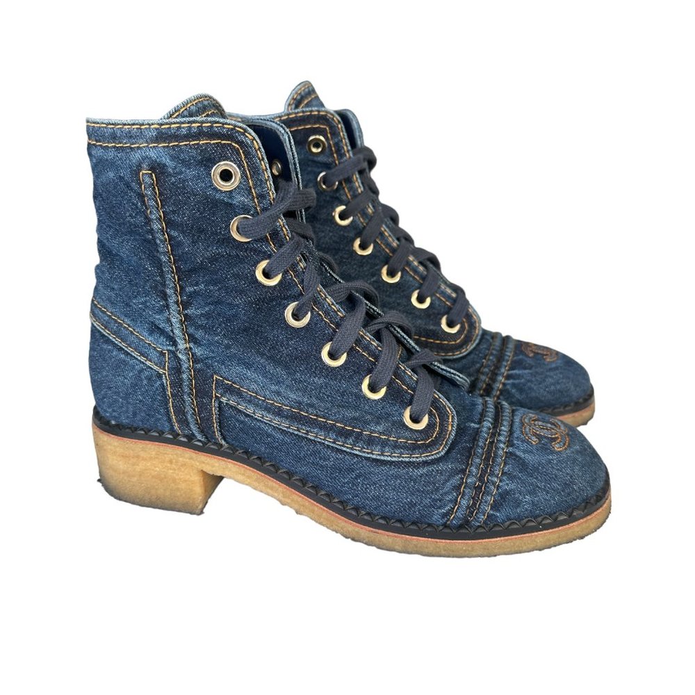 Chanel Denim Combat Boots Gem